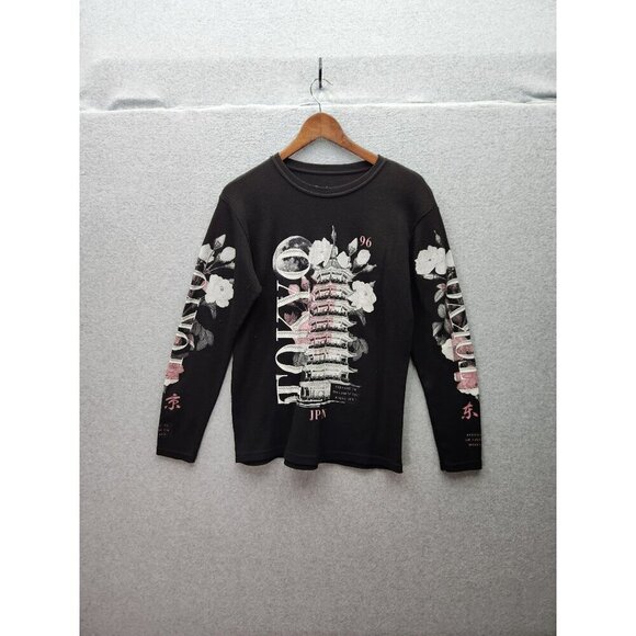 Tokyo Graphic Long Sleeve Shirt By Weekend Warrior M Black Waffle Knit Cotton - Picture 1 of 5